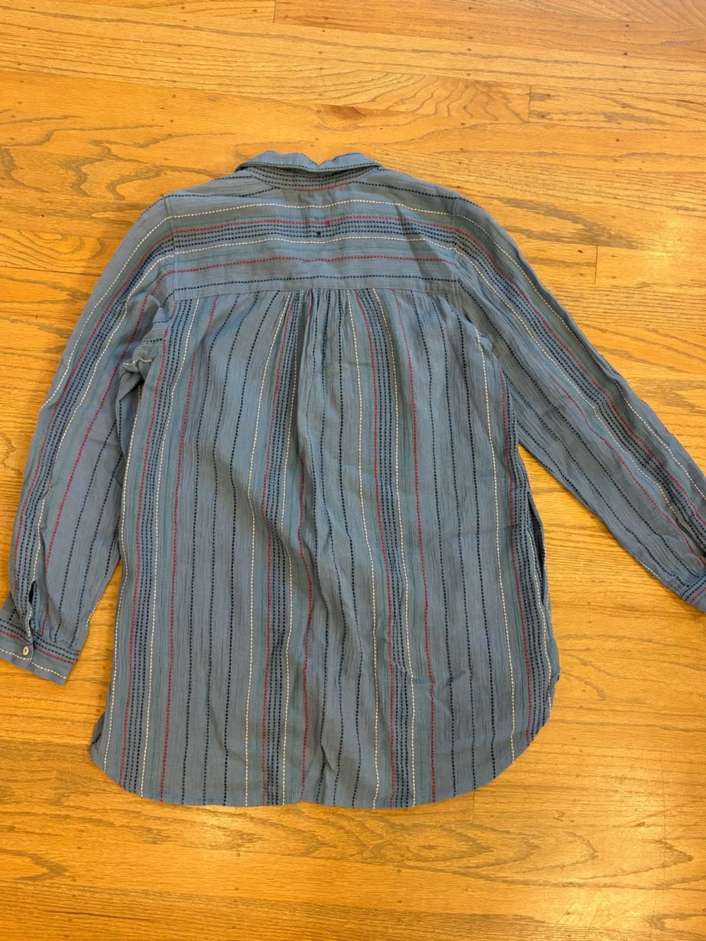 Soft Surroundings Blue Striped Tunic with Gold & Red Embroidery